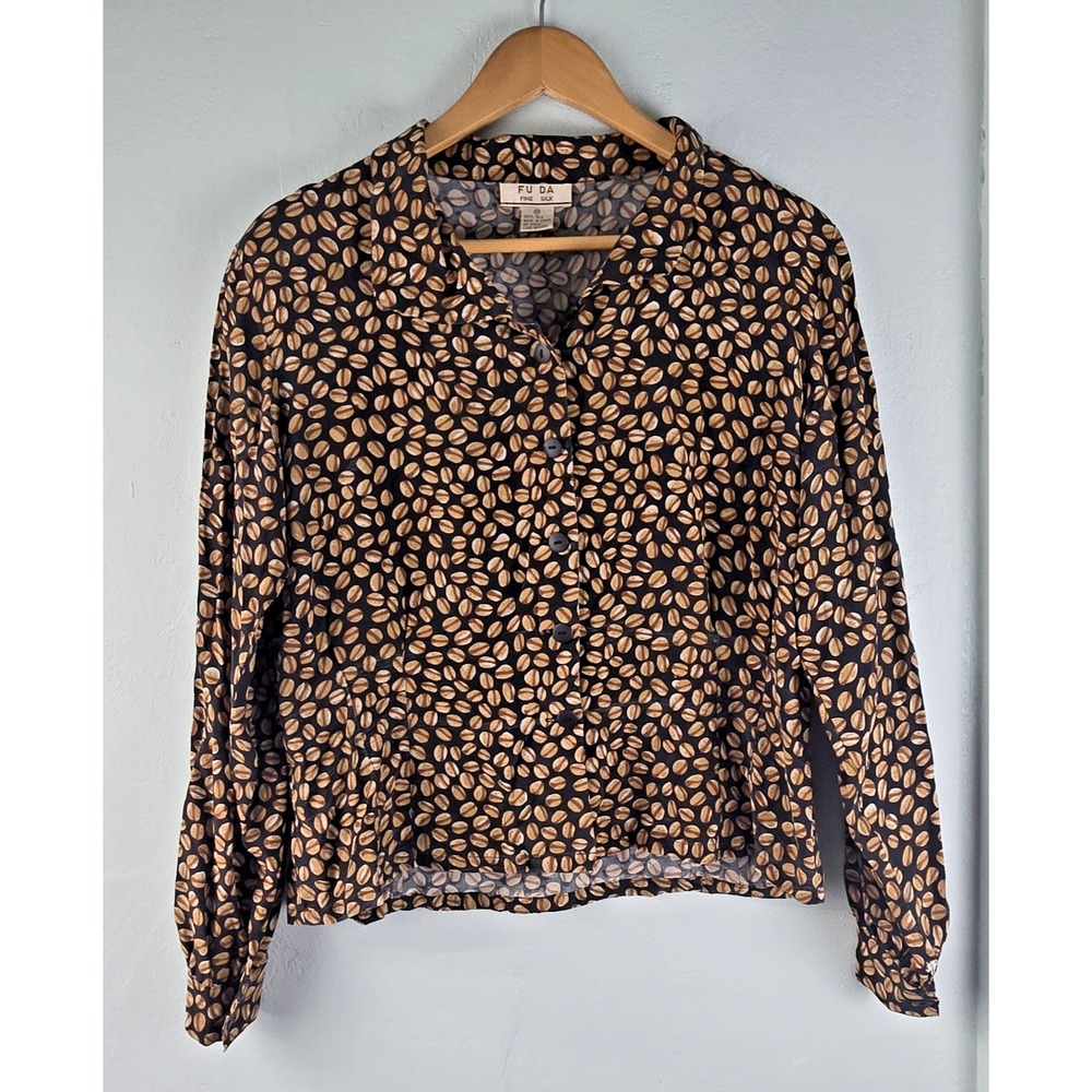 Vtg Fu Da Fine Silk Novelity Cocoa Latte Coffee Bean All Over Print Women's Med